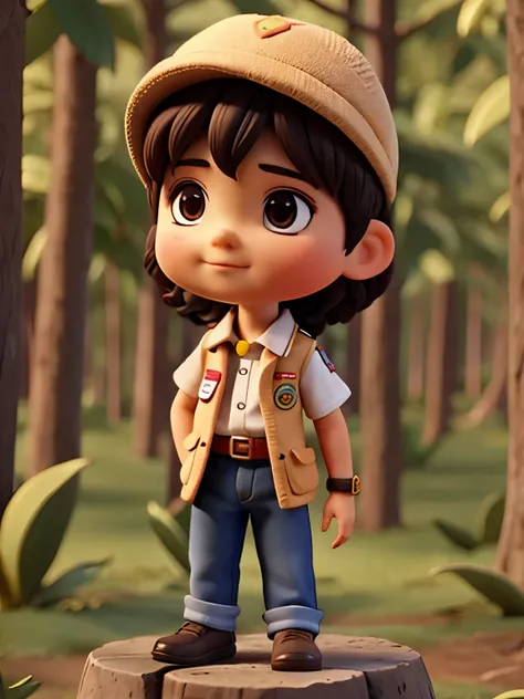 Menino de 7 anos pequeno de olhos claros, pele clara, boy scout with several badges on his blouse in multiple positions in an enchanted forest