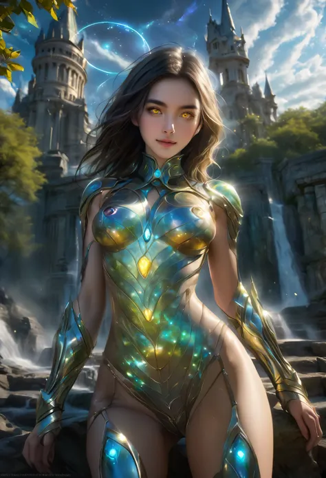 (1 beautiful teenage Italian-Japanese girl),(wears iridescent bodysuit with beautiful fractal or marble design:1.5),(She wears gauntlets with a detailed and very beautiful design decorated with jewels:1.6), dynamic posing, ((She is showing her armpits:1.6)...