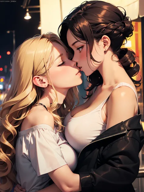 Female couple kissing in a night market. A bare-backed woman and a woman wearing a white shirt kiss., (SFW) Work, kissing together cutely, Girl Love Art, OPPEIN, Side milk, Slightly saggy big breasts, small breasts, (((Extra long yellow curly hair))), (((B...