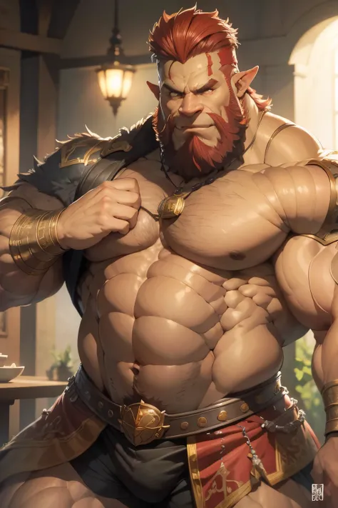 dad orc human, pecho peludo, barbado, grande , muscular, grande thighs, guapo, pelo rojo, piel marron clara, Erguido, pose heroica, brazos musculosos, grande muscular chest, ojos celestes