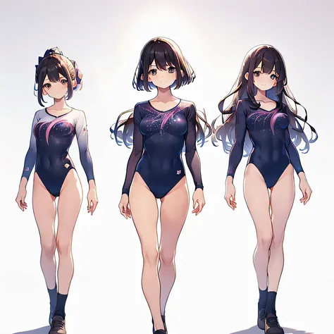 ((full body)),(masterpiece, highest quality), (3 girls 1.5) ,((contrasting:1.5)), looking at iniewer, walk,((in_arm:1.2)), wear gymnastics_longsleeines_leotard_outfit leotard:1.3), , BREAK masterpiece black hair, ((long hair:1.2)), ((parted bangs:1.3)), bl...