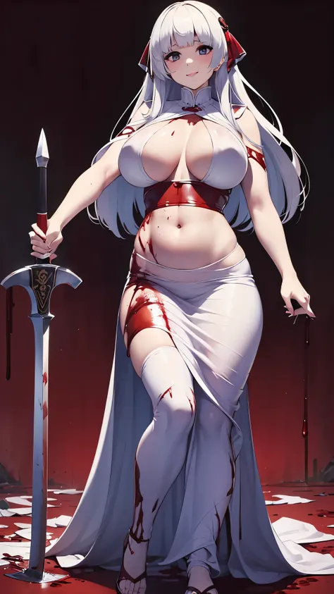 ((masterpiece)), ((best quality)), ((grotesque and splatter)), beautiful girl, curvy, tall, belly button, big breasts, femdom, slaughter, bloody white dress, Blood on the body, Bloody, Blood on the belly button, Blood on the belly, Blood on the breasts, ta...