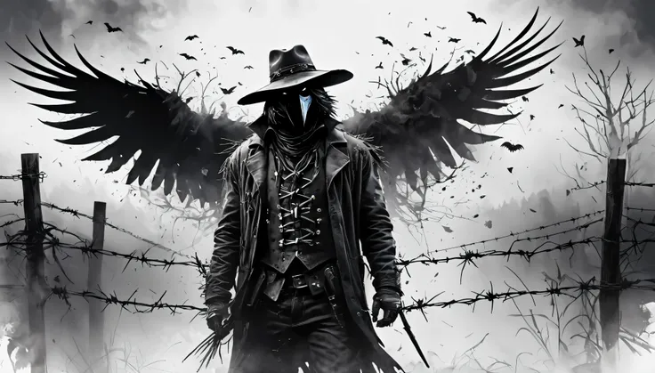 Vektor Create an exquisite ink painting on white paper that is the perfect multi-exposure work of art. This piece was intended to combine the volume-shaded of a Raven and a scarecrow and barbed wire. Hyper realistic.Tattoo style, paint splash, colors in wh...