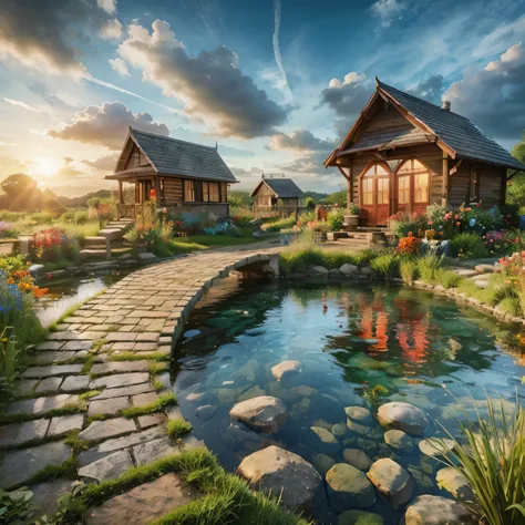 A clear pond garden with visible bottom, small pressed brick path, backdrop of small wooden cabin houses with arched red windows, colorful flowers, wild grass, blue sky with white clouds, 3D, realistic, cinematic, deep shadows, detailed, with an added arch...