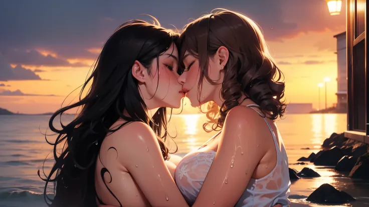 Female couple kissing naked woman in the water on deserted beach at night, (SFW) Work, kissing together cutely, Girl Love Art, OPPEIN, Side milk, Slightly saggy big breasts, small breasts, (((Extra long yellow curly hair))), (((Brown shoulder-length straig...