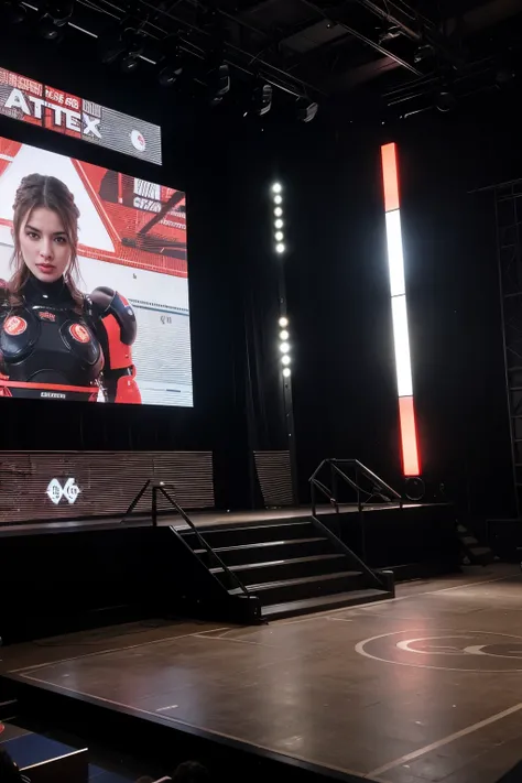 a stage with a semi-circular LED screen that imitates a staircase entrance to a ship and is realistic in 3D design - red and white colors - LED screen has a robot-shaped avatar to talk to the audience and the audience is looking at the stage
