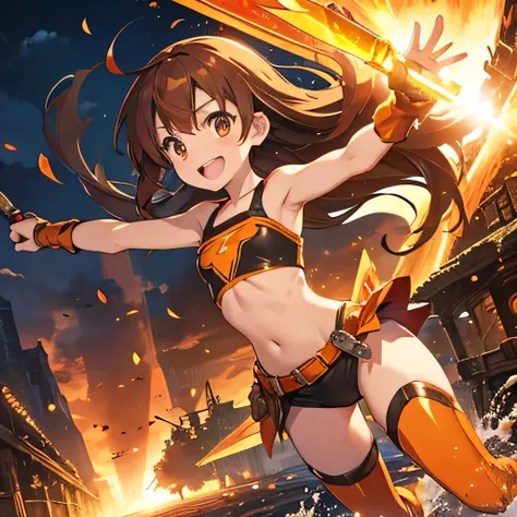 fantasy, brown hair, orange bikini armor, knife, speedster, bare shoulders, flat, cheerful, happy