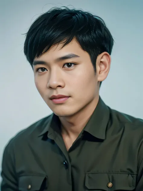 Highly realistic photo, ((masterpiece), (best quality), (raw photo), (photorealistic:1.4), Portrait of Vietnamese man, 25 years old, ((black hair)), ((green uniform shirt)), ((light blue background)), photo taken by Sony A7IV