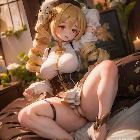 (highest quality,Super detailed,masterpiece:1.2),expressive eyes,perfect face,Beautiful Mami Tomoe,sophisticated pose,pink long hair,golden eyes, pink lips,Magical girl costume with attention to detail,dark background,shine ,anime style,Bright colors,Cute ...