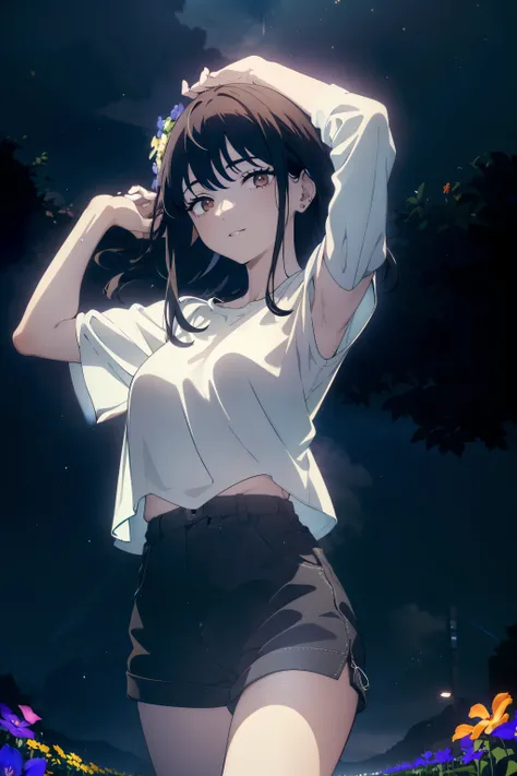 ((((masterpiece, best quality, ultra high resolution)))), 1 girl, permanent, (Loose white T-shirt, Loose blue shorts, long hair on back, dark long hair, pale skin, ((brown Eye)), luminescent_Eye, neon Eye, ((ultra detailed Eye:0.7, Beautiful and detailed f...
