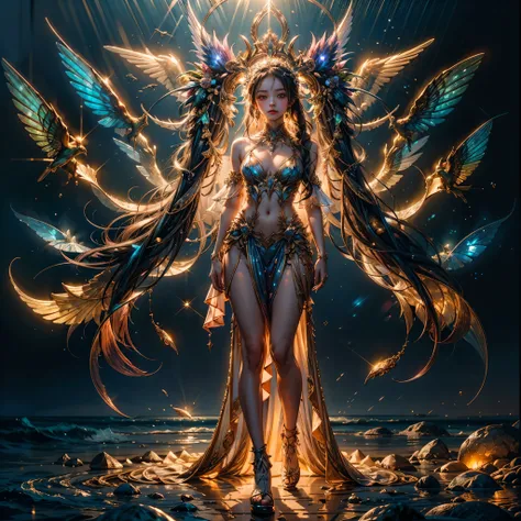 Luminous Reflection,（（Bestquality））， （（A Masterpiece））， （（realisti））， portraits，1girle，full body portrait， celestial bodies， The god， a goddess， Light particles， Halo， looks at the viewerm eyes， Bare Shoulders， Chest tube parietal， Poker face，（bioluminesce...