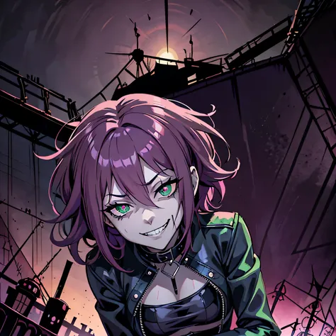 Hazbin Hotel style. Girl with short pink hair and green eyes, wearing a black leather jacket and a purple top, and black leather pants. A creepy grin on his face. An atmosphere of chaos, horror, Beauty. Background destroyed hellish city. Dynamics, крутость