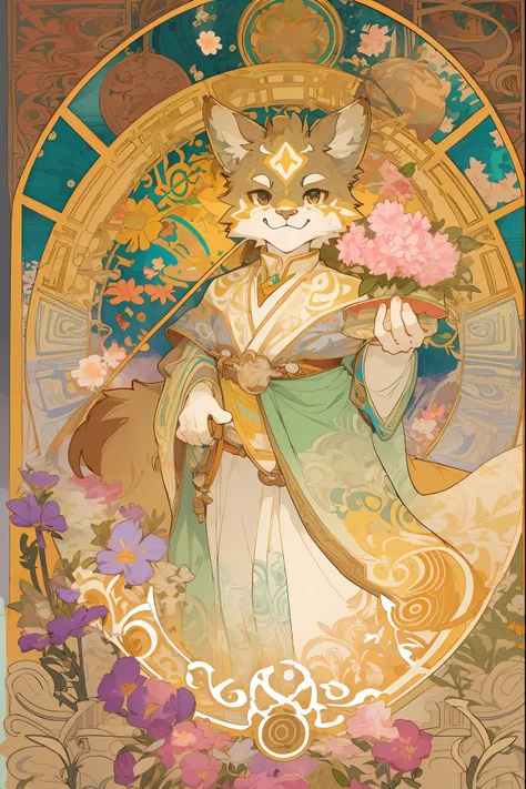 top quality, best quality, kaleidoscope, rzminjourney, vector-art, High-quality illustrations by Alfons Mucha, masterpiece(kemono, furry anthro)logo mark, round, colorful flower,