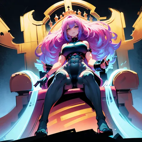 (waifu), ((sitting on giant throne)), ((huge throne)), throne on top of moving machine, more background, medieval, (full body), (high resolution), (high res), great quality, mature, perfect eyes, strong shadows, detailed face, detailed abs, direct light, u...