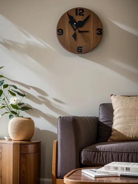 there is a clock hanging on the wall above the sofa in the living room, Located in the living room, Muted colors with minimalism, Living room wall background, снято на камеру sony a7r, Housed in a large living room, sand colored walls, modern землистый ней...