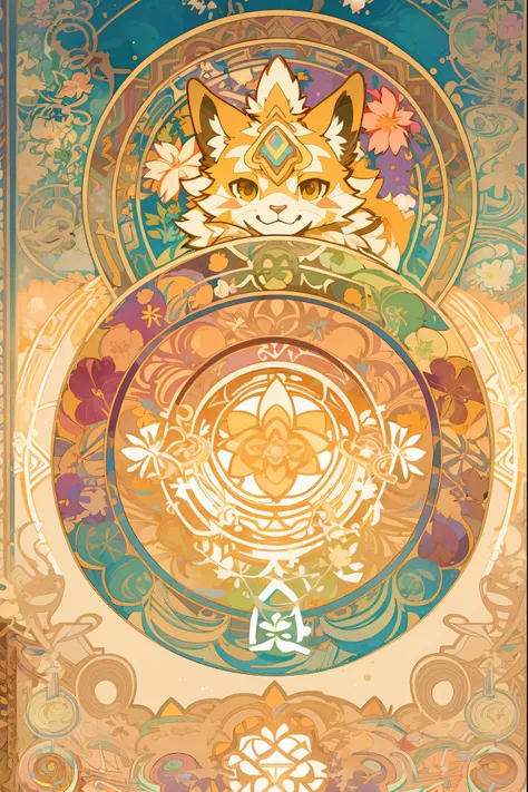 top quality, best quality, kaleidoscope, rzminjourney, vector-art, High-quality illustrations by Alfons Mucha, masterpiece(kemono, furry anthro)logo mark, round, colorful flower,