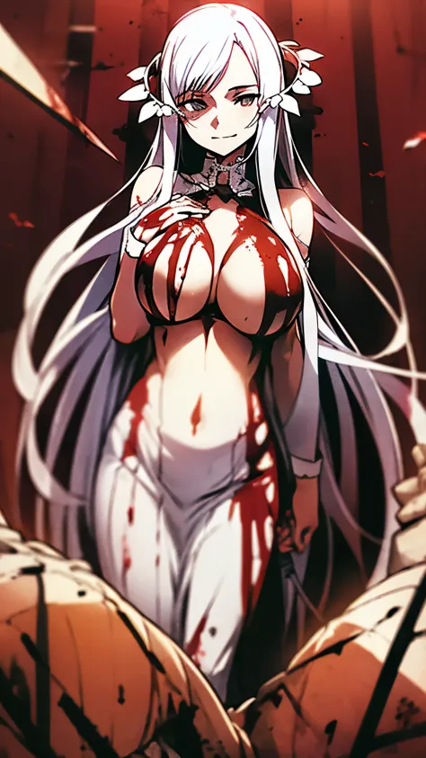 ((masterpiece)), ((best quality)), ((grotesque and splatter)), beautiful girl, curvy, tall, exposed belly, belly button, big breasts, femdom, slaughter, bloody white dress, Blood on the body, Bloody, Blood on the belly button, Blood on the belly, Blood on ...