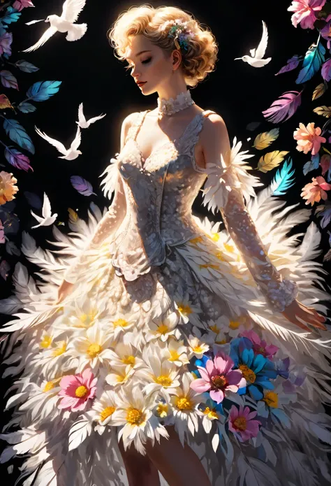 illustration，painting，acrylic painting，victorian art style，genius girl，Beautiful dress made of flowers，full body portrait，Focus on falling feathers，spotlight effect，rim light，Glowing special effects，Colorful and bright，high saturation，high contrast，black b...