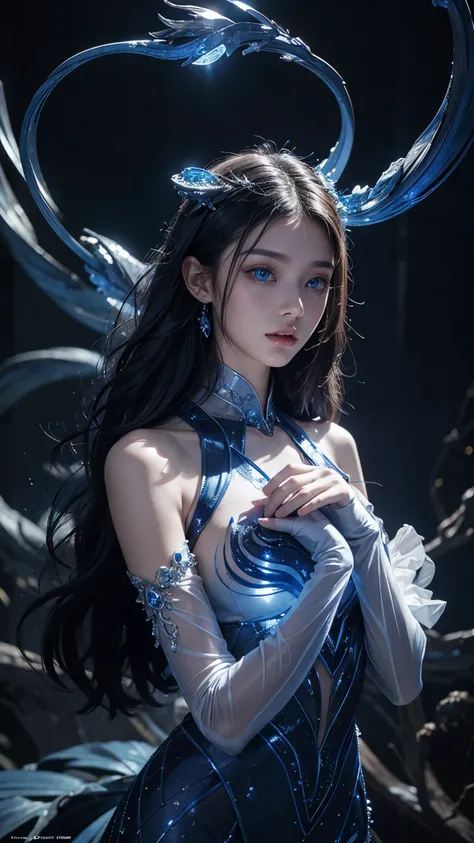 Full figure, seven -clinging shooting, 18 years old, wearing transparent science fiction clothes, exquisite faces, details, hands, ultimate details, amazing magnificence, LED internal lighting, Pedaipan style, fiber hair, glowing blue iris, glowing blue ir...