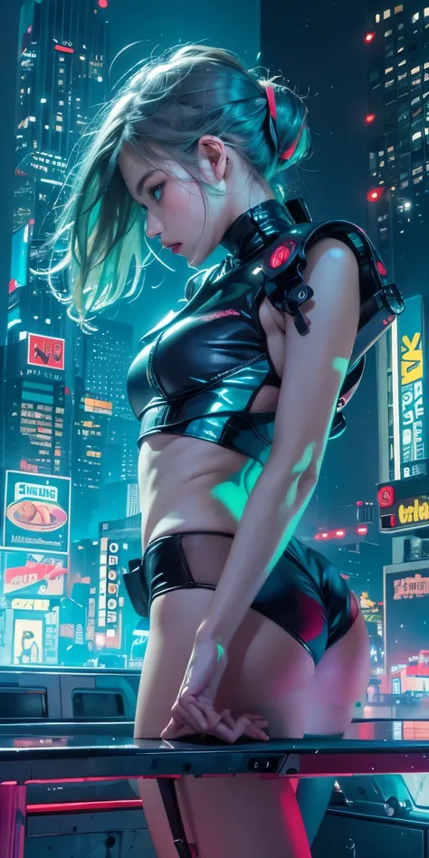 (8K, Best quality, Masterpiece: 1, 2), (Realistic, photograph realistic: 1,37), Top quality, Masterpiece, Skinny 1 girl Negona upper body photo (Photo realistic),A cyberpunk girl with green eyes and shiny blue hair stands against a backdrop of a futuristic...