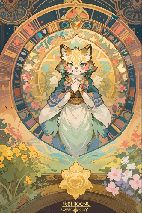 top quality, best quality, kaleidoscope, rzminjourney, vector-art, High-quality illustrations by Alfons Mucha, masterpiece(kemono, furry anthro)logo mark, round, colorful flower,