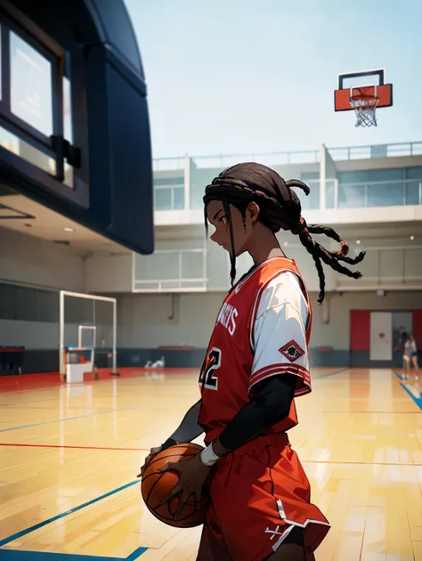 1male , Dark Skin , Black Hair , Dreadlocks , White and Red Basketball Jersey and shorts , Black Shooting Sleeve , Standing on basketball court