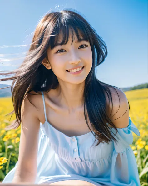 ((highest quality, 32k, High resolution, masterpiece:1.5, ), A happy landscape that gives you a sense of warmth, Japanese very cute and beautiful girl, 13 years old, (Happy), shiny blue hair, Super long smooth hair, beautiful bangs, hair between eyes, Beau...