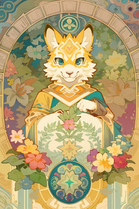 top quality, best quality, kaleidoscope, rzminjourney, vector-art, High-quality illustrations by Alfons Mucha, masterpiece(kemono, furry anthro)logo mark, round, colorful flower,