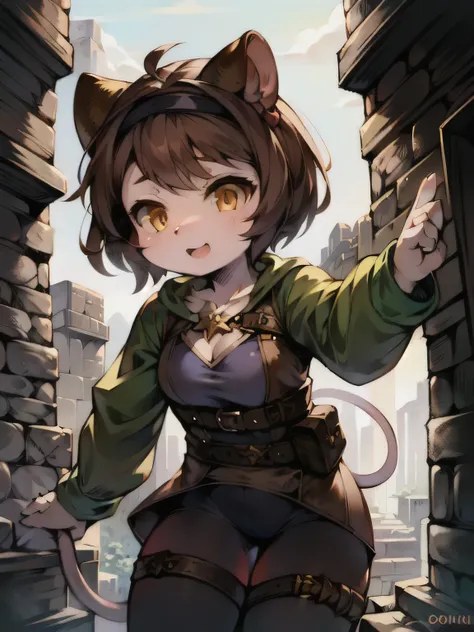 girl, Mouse ears, mouse tail, yellow eyes, brown hair, Adventurer Costume, steal, cute, sexy