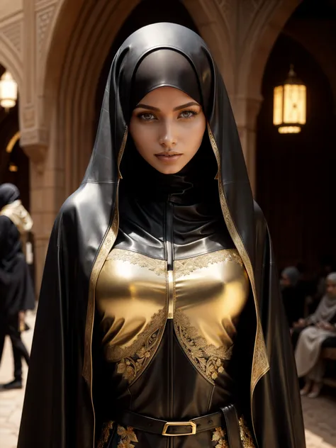 gorgeous woman, professional, (4k photo) by (Jeremy Lipking:0.3), (Dittmann Anna:0.3), (Arian Mark:0.3), (Sharp focus:1.3), (beautiful woman:1.3), wearing (leather hijab, leather abaya with intricate gold details:1.2), perfect make-up, striking, mesmerizin...