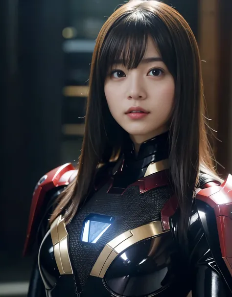 (1 girl)、highest quality、masterpiece、超A high resolution、(Photoreal:1.4)、Raw photo、1 girl、(Wearing a black Iron Man costume made of super shiny latex)、Marvel characters、long sleeve,、Iron Gloves、Portrait、Shadow、octane rendering、8K、super sharp、Metal、intricate...