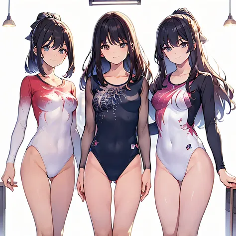 ((full body)),(masterpiece, highest quality), (3 girls 1.5) ,((contrasting:1.5)), looking at iniewer, walk,((in_arm:1.2)), wear gymnastics_longsleeines_leotard_outfit leotard:1.3), , BREAK masterpiece black hair, ((long hair:1.2)), ((parted bangs:1.3)), bl...