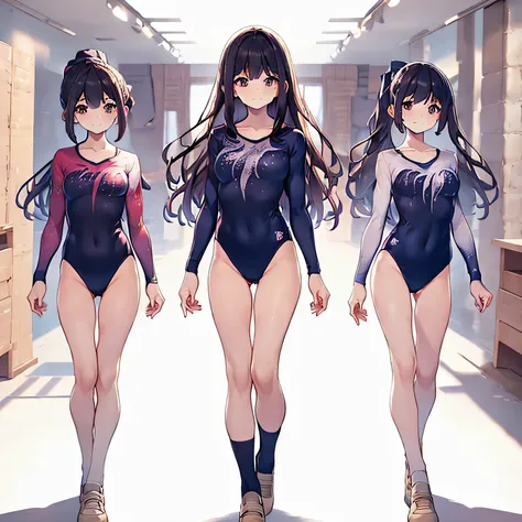 ((full body)),(masterpiece, highest quality), (3 girls 1.5) ,((contrasting:1.5)), looking at iniewer, walk,((in_arm:1.2)), wear gymnastics_longsleeines_leotard_outfit leotard:1.3), , BREAK masterpiece black hair, ((long hair:1.2)), ((parted bangs:1.3)), bl...