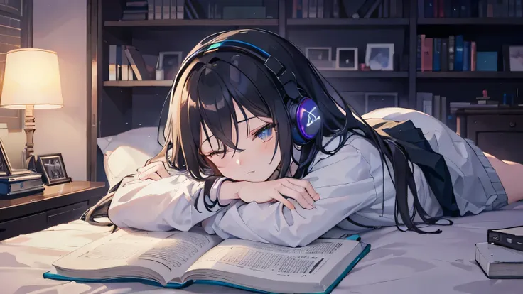 night　Indirect lighting shines in a pitch-black bedroom。A room with messy books on the desk。Lie on the bed and rest your chin on your head、A girl wearing headphones is sleeping while listening to music.　finger５Making a book　anime style illustration