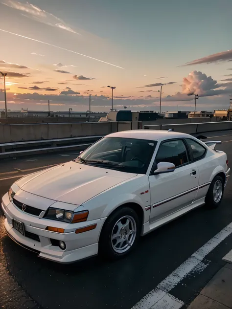 Car, jdm car, white car, pink pattern, 90s, neon light, parking on high place, city background, modern, cyberpunk, no one, sunset, cloud, (8k, masterpiece, high resolution, high details, detailed car, detailed background, ultra quality)