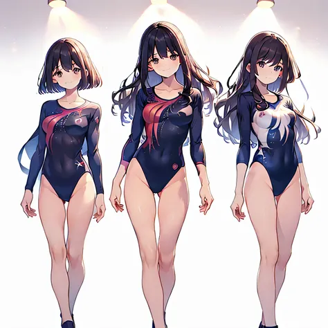 ((full body)),(masterpiece, highest quality), (3 girls 1.5) ,((contrasting:1.5)), looking at iniewer, walk,((in_arm:1.2)), wear gymnastics_longsleeines_leotard_outfit leotard:1.3), , BREAK masterpiece black hair, ((long hair:1.2)), ((parted bangs:1.3)), bl...