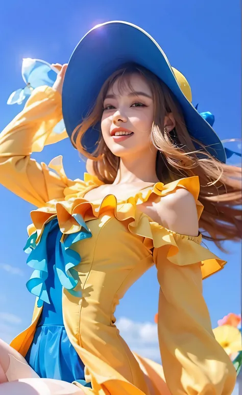 a close up of a woman in a yellow dress and a blue hat, (8k, RAW photo, photorealistic:1.25) ,( lipgloss, eyelashes, gloss-face, glossy skin, best quality, ultra highres, depth of field, chromatic aberration, caustics, Broad lighting, natural shading,Kpop ...