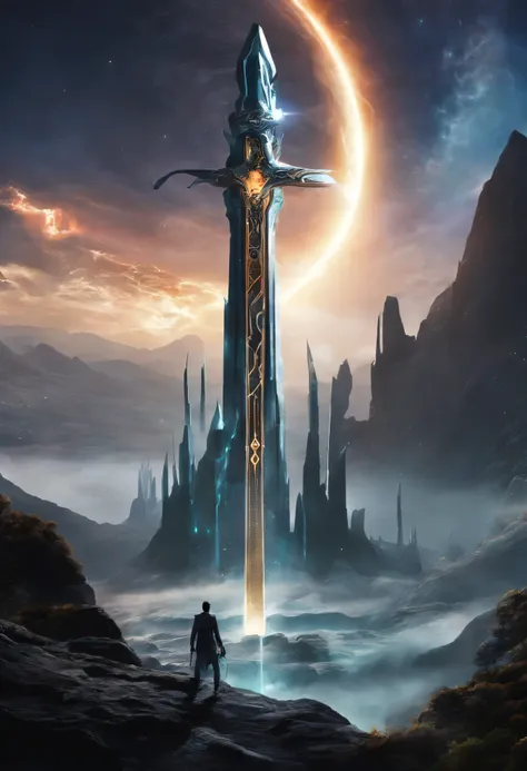 (masterpiece, high quality, HD, detail: 1.3)Excalibur inserted in stone, Engraved with ancient runes, emit light and lightning, Sword wrapped dragon&#39;Body, With dragon shadow. It is surrounded by mountains, thunder and lightning, dark clouds, and a ray ...