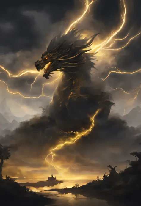 Black gold thunder and lightning，dragon，lightning，universe，transcend，，world，Tree，surface，horizon