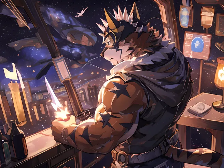 Anthropomorphic, (Solo), Ryekie, Single, Male, Muscle, Lonely, 45 years old, in King clothes, airplanes ship, Perfect scaling, Masterpiece, High Definition, Best Drawing, Illustration, By ZiXiong_, stars are approaching him, in the tower alone watching fro...