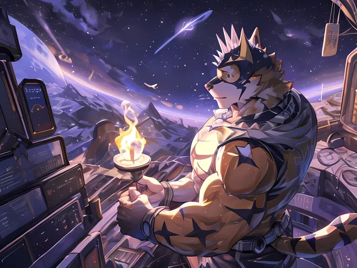 Anthropomorphic, (Solo), Ryekie, Single, Male, Muscle, Lonely, 45 years old, in King clothes, airplanes ship, Perfect scaling, Masterpiece, High Definition, Best Drawing, Illustration, By ZiXiong_, stars are approaching him, in the tower alone watching fro...