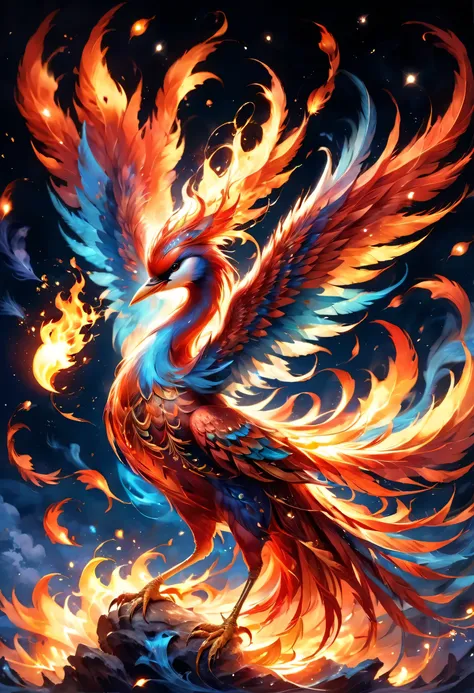 火のbird:red,wearing flame effects,god of fire:bird,spread your wings,tail feathers,anime style,cosmic art,digital art,rendering,u...