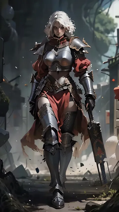 warhammer girl, walking (walking towards the camera), black armor, sister of battle, white hair, camera from below, epic shot,