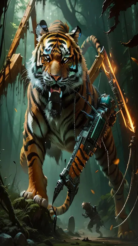 tiger attacking a robot with a sword in a jungle, tiger - crab creature, tiger_beast, Creatures deep in the jungle, a wizard battling a tiger, hunting a tiger, Epic fantasy science fiction illustration, epic digital art illustration, 4k highly detailed dig...