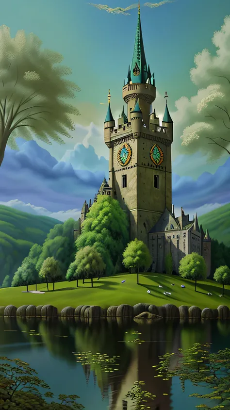 painting of a castle with a clock tower and a tree, whimsical fantasy landscape art, fantasy artrealistic painting, fantasy surrealism, fantasy painting hd, fairytale artwork, surreal and fantasy art, beautiful fantasy painting, fantasy highly detailed, hi...