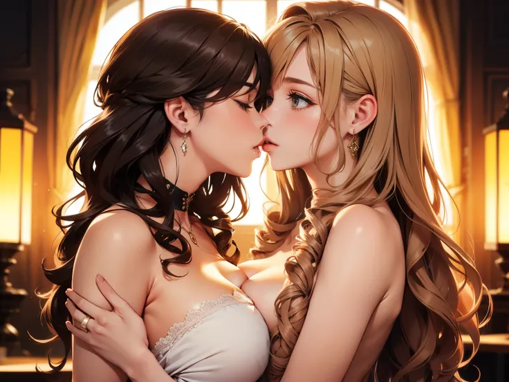 Female couple kissing naked woman on wedding stage, (SFW) Work, kissing together cutely, Girl Love Art, OPPEIN, Side milk, Slightly saggy big breasts, small breasts, (((Extra long yellow curly hair))), (((Straight hair with brown bangs on shoulders))), (gi...