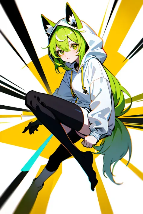 god of destruction,whole body,Fox,alone,黄greencolorの髪(length),Bulls-eye,目のcolor(green),hoodie(color:white),whiteのスカート,socks:knee high socks,(color:black),I don&#39;t have shoes