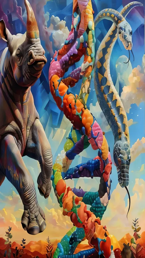 Spiral fruit rhino snake painting, dimethylformamide art, while tripping on dimethylformamide, dna, fantasy painting, Psychedelic Surreal Art, highly detailed fantasy art, fantasy art, mutation, by David B. Mattingly, Alex Gray, evolution, Android Jones&#3...