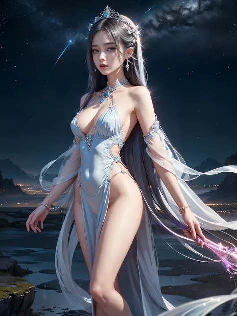 Woman in naked, view the viewer, Slim waist, nude, Long hair, Ultra-detailed details, High-end Zhenyi station, Rainstorm site, detailed fantasy art, Stunning character art, Beautiful and exquisite character art, Extremely detailed, Exquisite tiaras and jew...