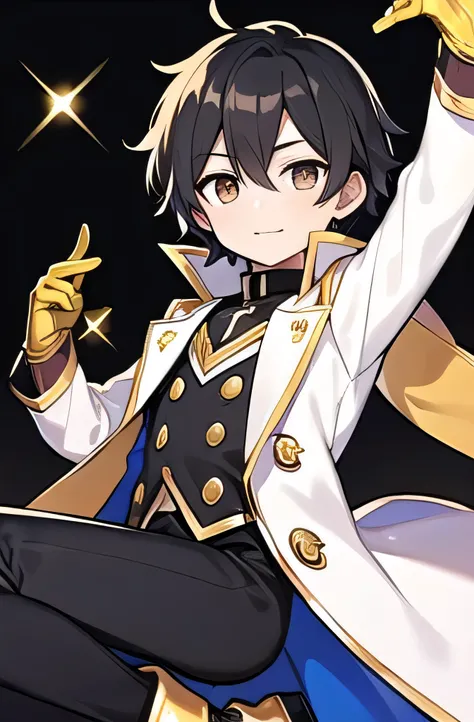 A boy with black hair and dark brown eyes and medium light brown skin wearing magician-type clothing without a hat with gold details on the white coat and with tight black pants with black gloves with gold and slits and with black and gold boots. bordes 